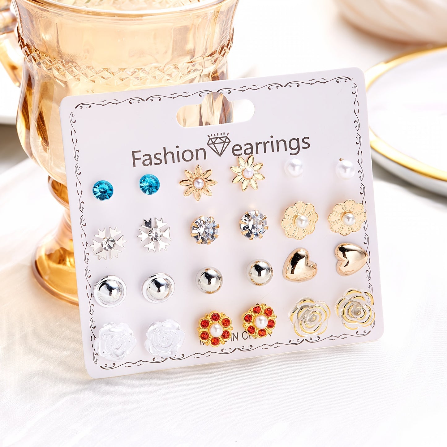 12Pairs/Set Flower Faux Pearl Heart Strawberry Stud Earrings Set, Simple Golden Earrings For Girls, Daily Week Earrings Set, Ideal choice for Gifts
