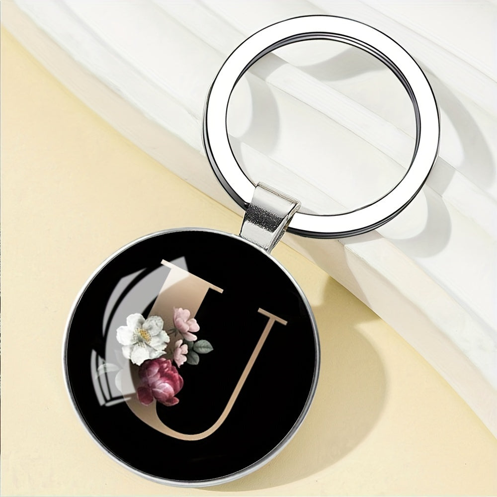 1pc Elegant Floral Alphabet Glass Keychain, Round Character-Themed Alloy Keyring, Romantic Collegiate Style Accessory, Ideal for Birthday, Anniversary, Graduation, Bridal Shower Gifts, and Festive Occasions - Christmas, Hallo