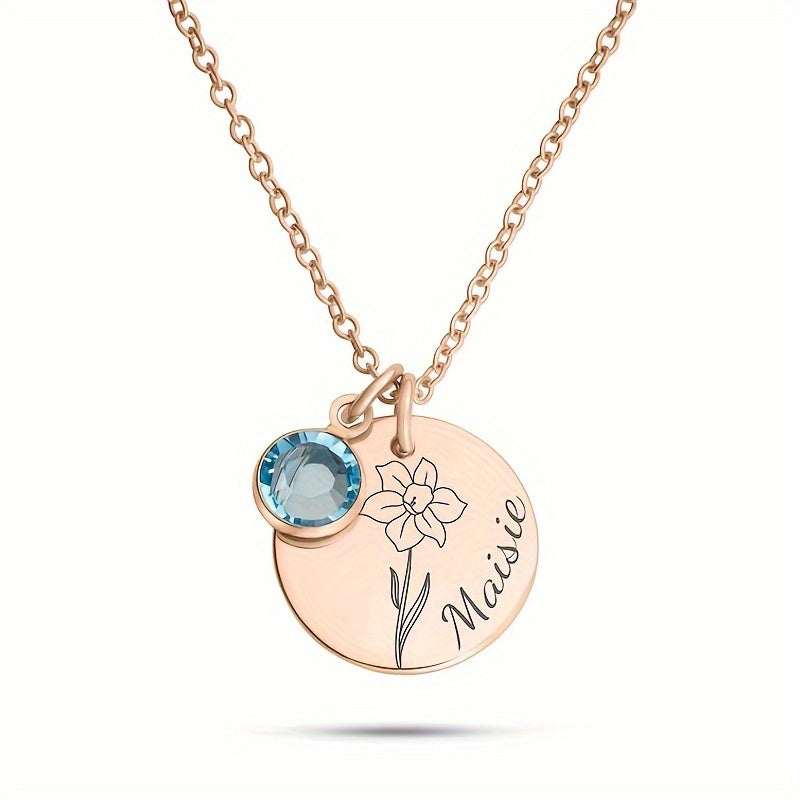Birth Flower Engraved Necklace - Personalized Name Necklace with Birthstone and Customizable Record Time - Unique Mom Grandma Gift Idea with 12 Varieties of Birth Gemstones