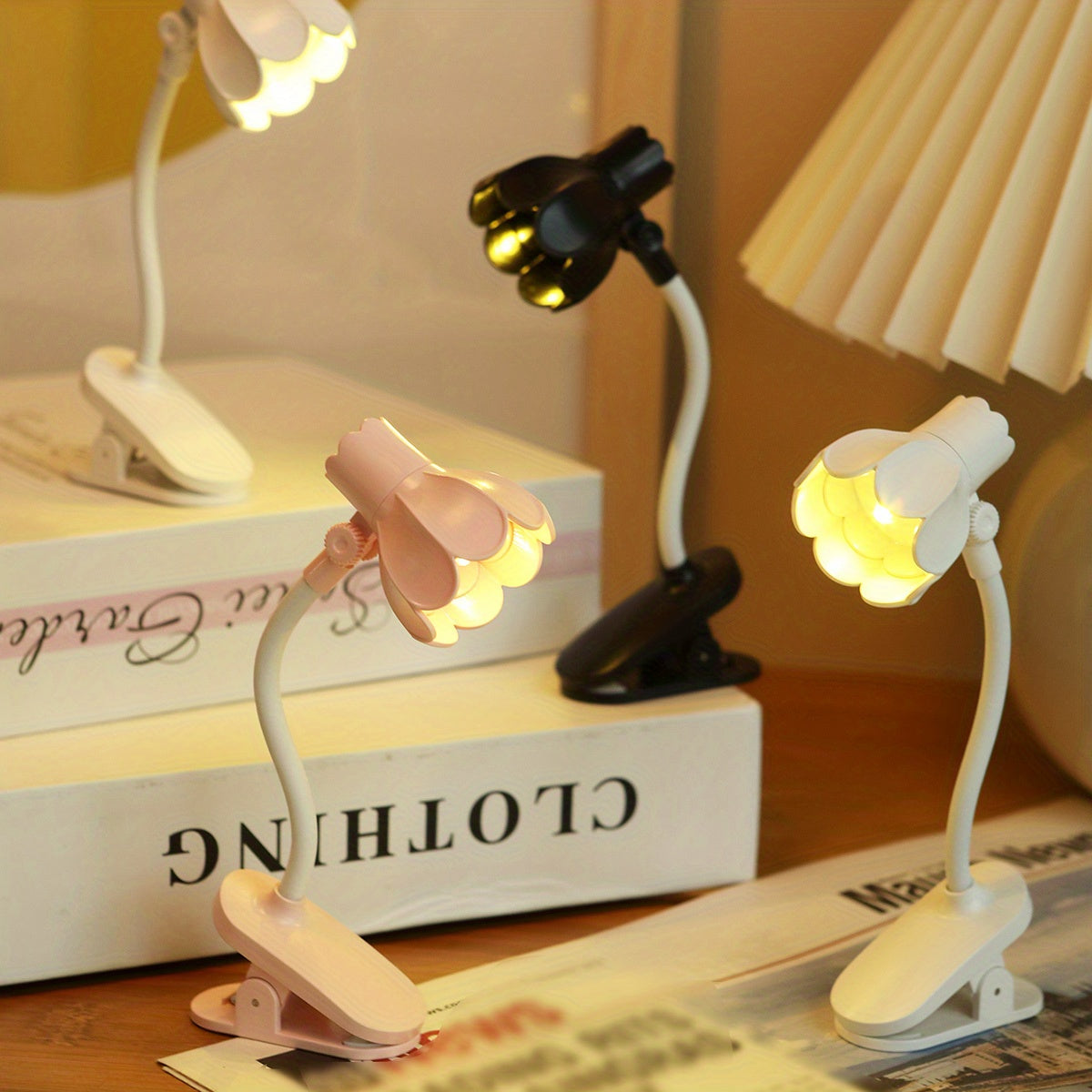 1/2/3pcs MINI Arm Adjustable LED Horn Flower Book Light - Battery-Powered Desk Lamp with Pink & White Design, Perfect for Reading at night, or Desktop Decoration, Portable reading Lighting, Desk Lamps for Home Office,mini boo