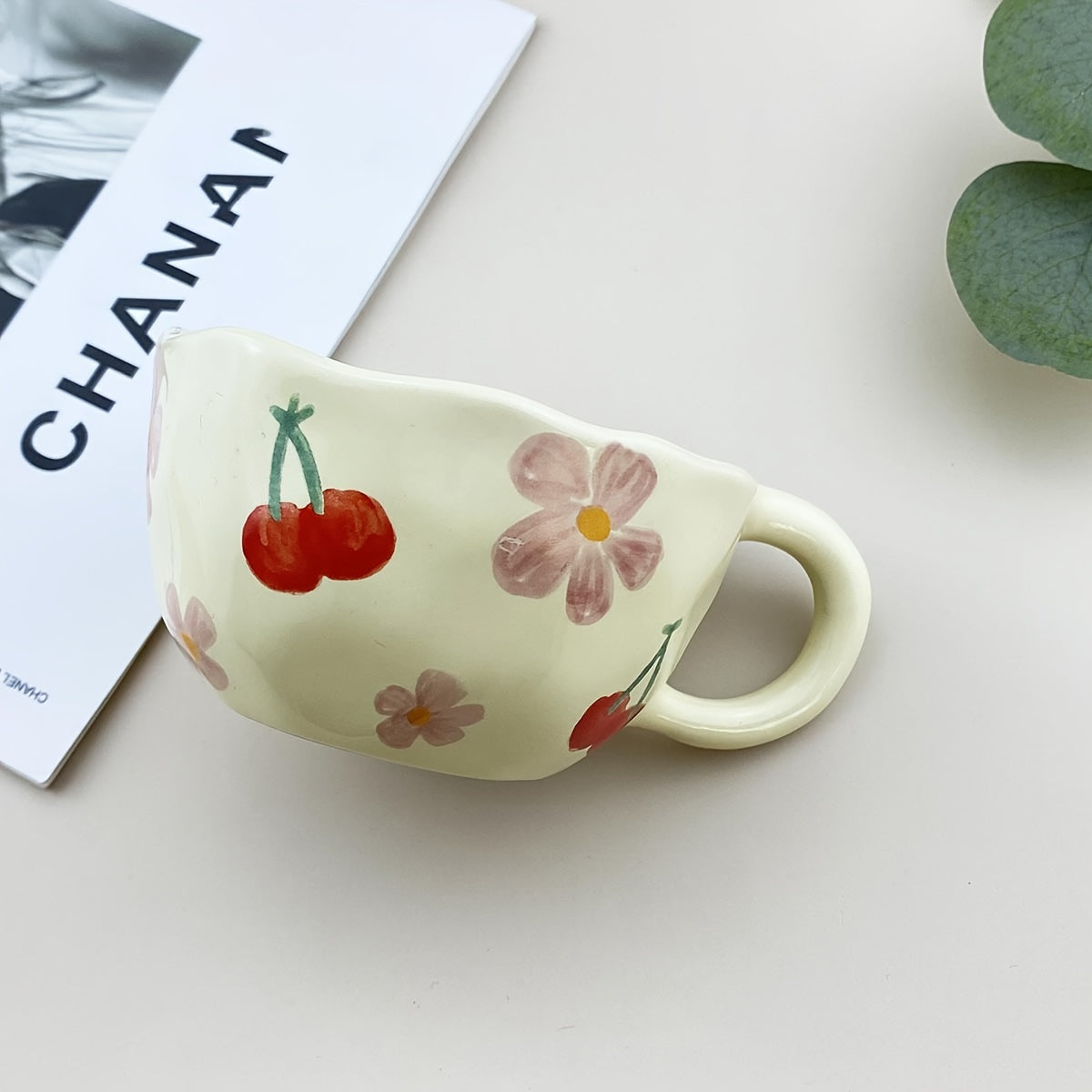1pc Flowers Pattern Ceramic Mug Coffee Cup Irregular Flower Milk Tea Cup Korean Style Oatmeal Breakfast Mug Drinkware