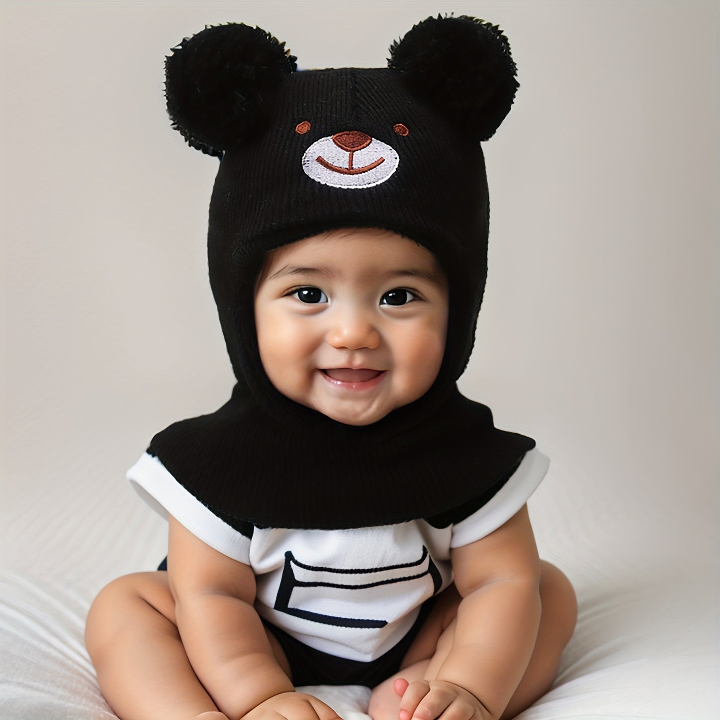 1pc 0-8 Years Baby Bear Ear Balaclava Mask & Beanie Hat - Cute White Winter Ski Mask with Ears, Soft Knit-like Texture for Boys & Girls, Warm Toddler Accessory (Brown/Pink/Black) - Hand Washable Kids Clothing