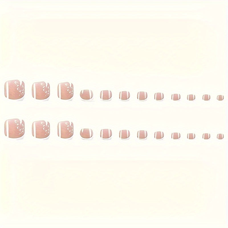 24pcs Toe Press On Nails Pink French Style Flower Pattern Fake Nails Glossy Artificial Toenail Manicure False Nails