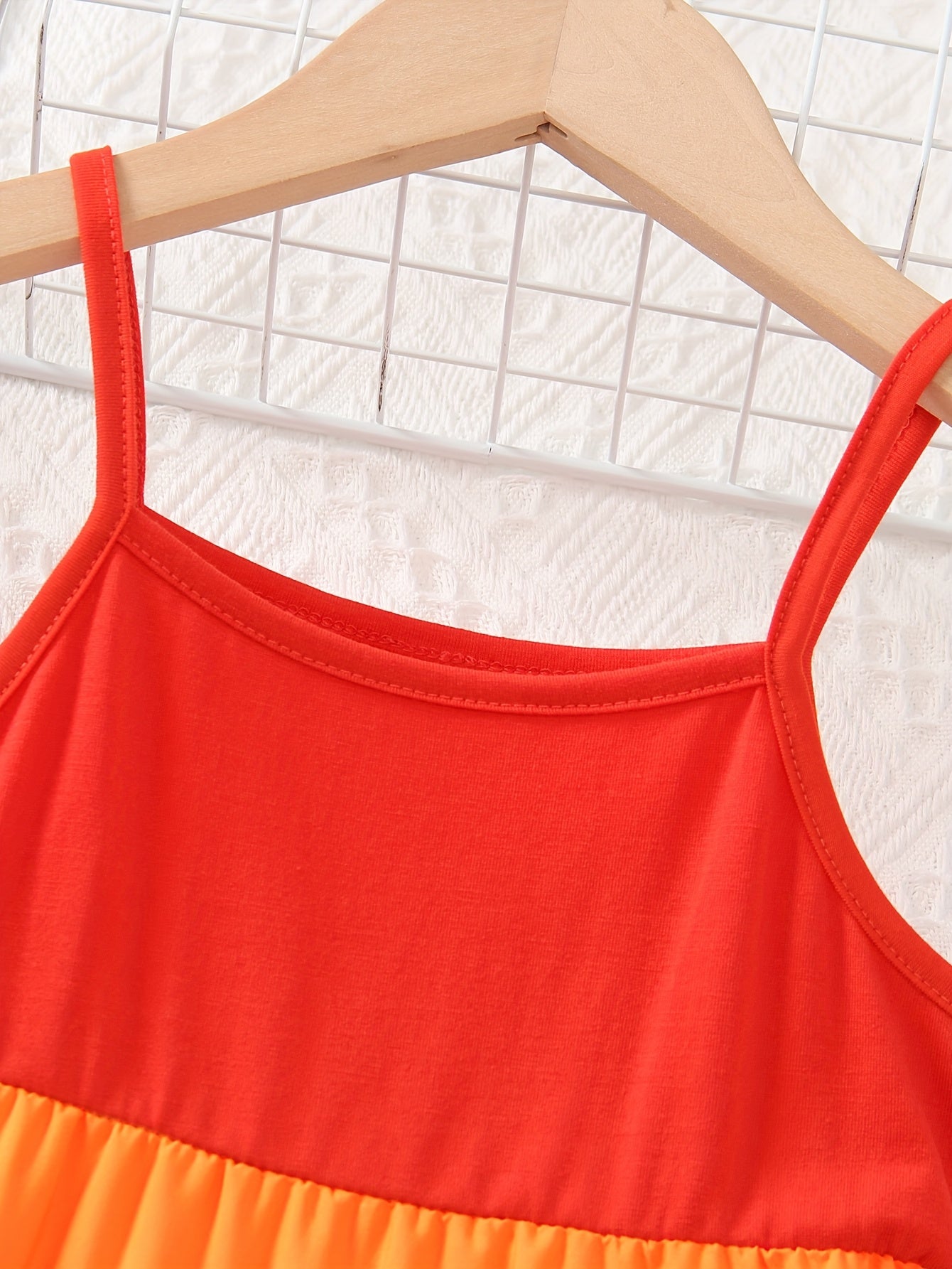 Girls' Spaghetti Strap Color-Blocked Rainbow Cake Dress - Perfect for Outdoor Occasions.