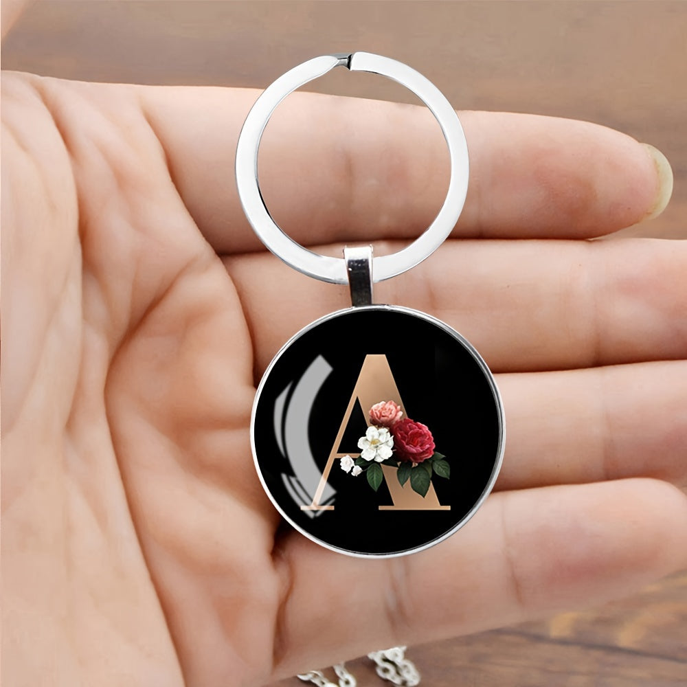 1pc Elegant Floral Alphabet Glass Keychain, Round Character-Themed Alloy Keyring, Romantic Collegiate Style Accessory, Ideal for Birthday, Anniversary, Graduation, Bridal Shower Gifts, and Festive Occasions - Christmas, Hallo