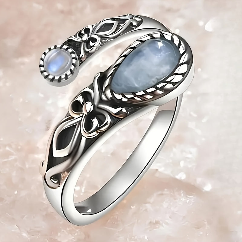 Bohemian Flower Moonstone Ring for Women - Adjustable Open Ring with White Copper, Vintage-Inspired Design for Daily Wear & Special Occasions, Vintage Jewelry, Bohemian Style, Moonstone Accent