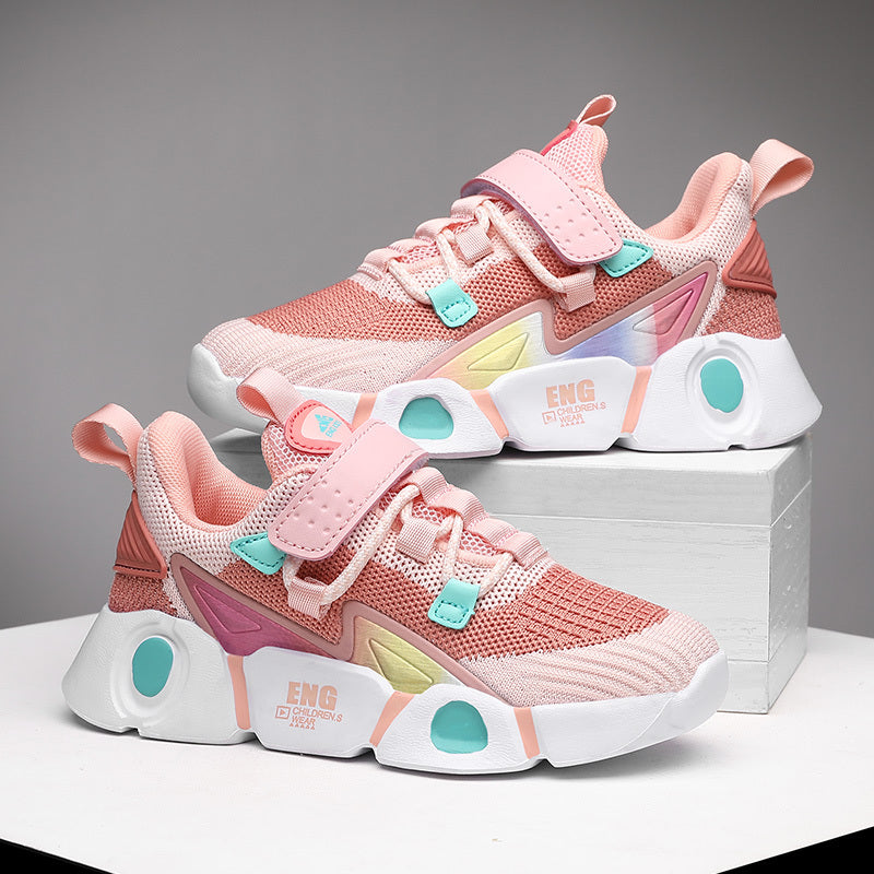 Girls' Breathable Knit Sneakers - Fashionable Striped Low-Top Sneakers with Closure, Lightweight & Comfortable for All Seasons, Pink & Black Design with Mesh Upper and EVA Sole, Youngsters Sneakers | Fashionable Striped Sneak