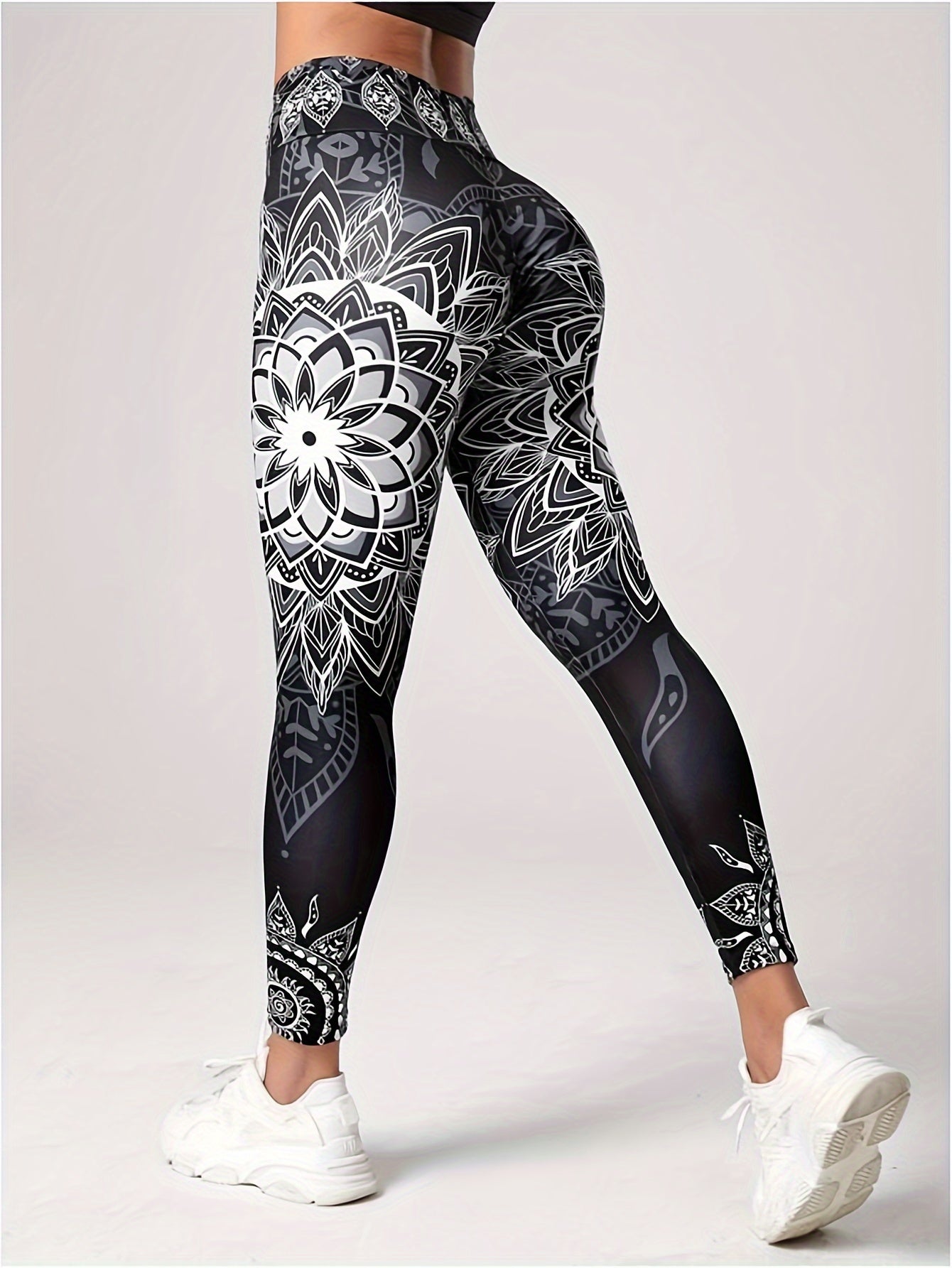 Flower Print High Waist Yoga Pants, High Stretch Running Fitness Workout Leggings, Women's Activewear