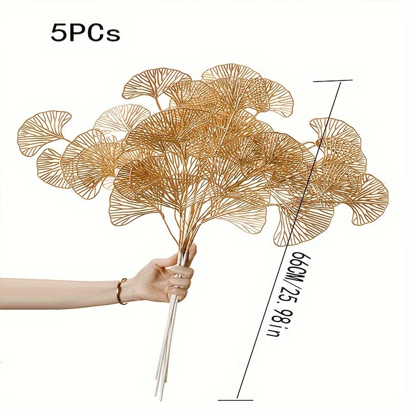 5pcs Golden Artificial Ginkgo Leaves Stems - Realistic Fake Plant Leaf Simulation for Vase Filler, Home Garden Wedding Decor, Winter Xmas Christmas Home Table Decor, Spring Chinese New Year Decor, DIY Craft Project, and Seaso