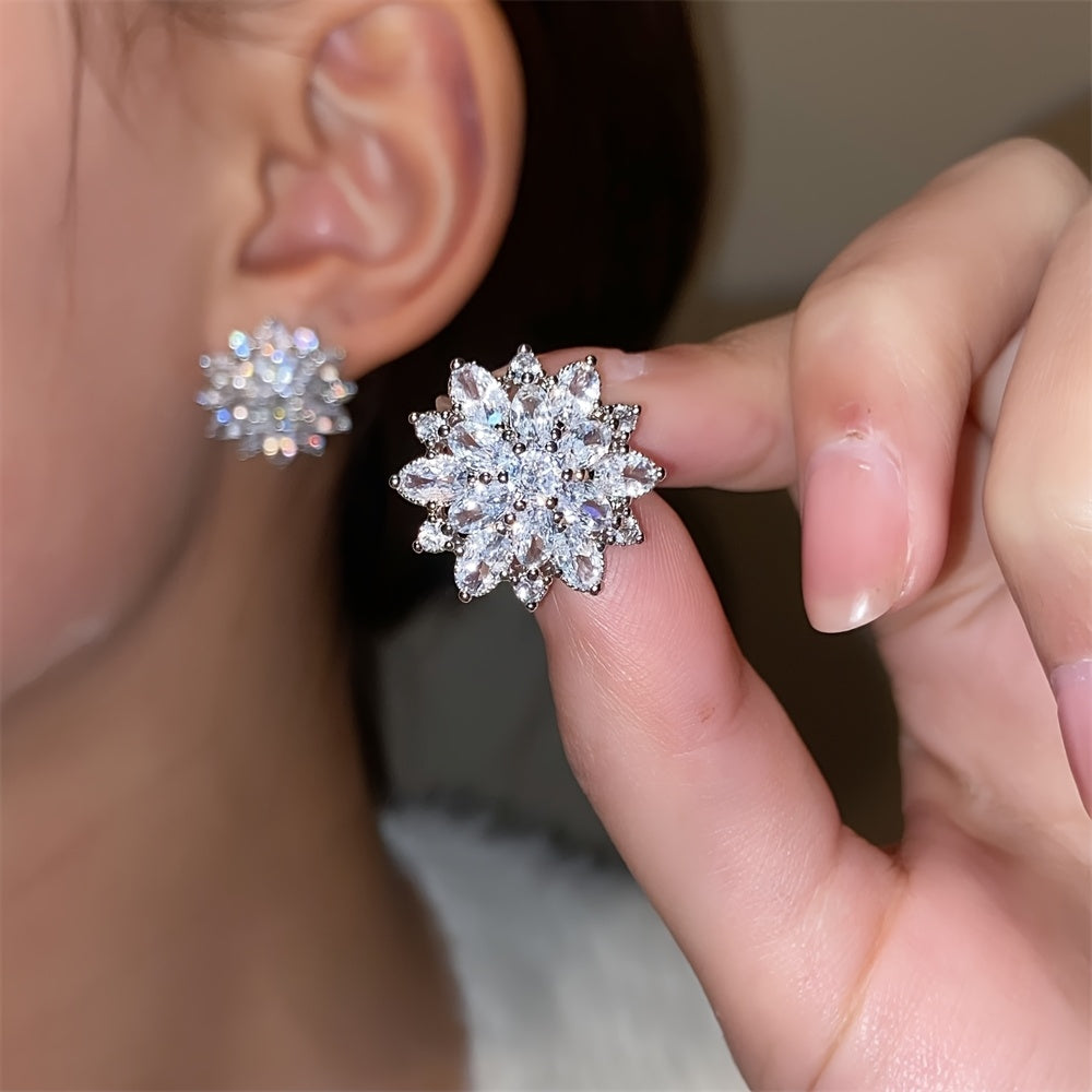 Luxurious Flower Earrings - A Pair With Shiny Synthetic Zirconia Inlaid - Suitable For Ladies' Wedding Parties, Jewelry, And Valentine's Day Gifts