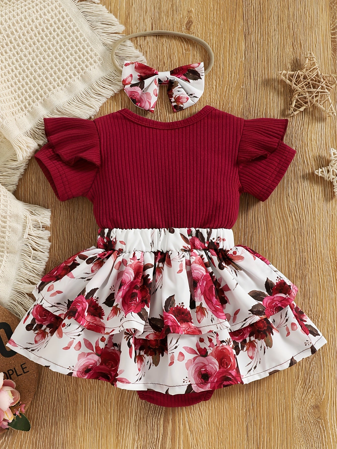 Baby Girls Spring Summer New Floral Skirt Swing Short Sleeve Romper Puffer Coat + Bow Headband Set, Suitable For Outdoor Wear