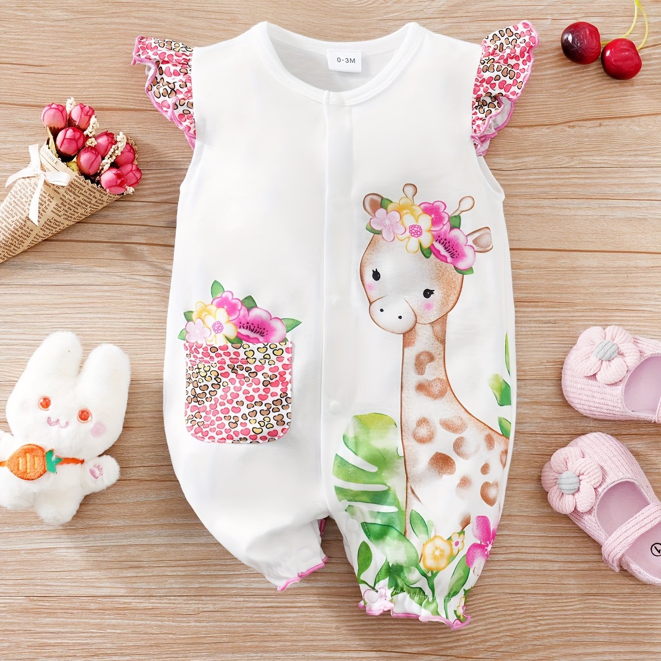 Baby Girls' Casual Romper - Cartoon Deer Print, Crew Neck, Polyester Knit Fabric with Slight Stretch - Summer Outdoor Wear | Flutter Sleeves | Hand Wash Only