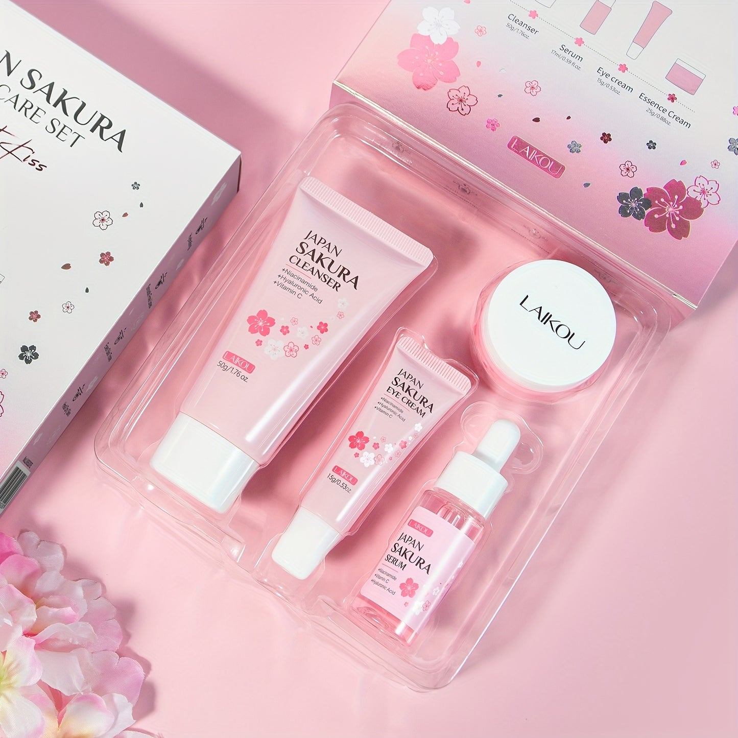 LAIKOU Sakura Cherry Blossom Skincare Set - 4pcs Cleanser, Toner, Eye Cream & Face Cream with Glycerin, Moisturizing for All Light Beige Types, Daily Care Essentials, Daily Skincare|Cherry Blossom Design|Glycerin Enriched, Sa