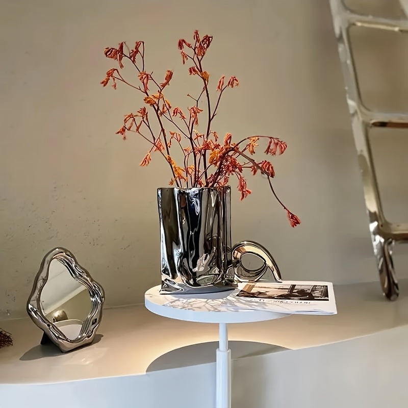 1pc Vase, High-End Light Luxury Decoration, Creative Electroplated and Silvery Ceramic Vase, Artificial Flower Decor