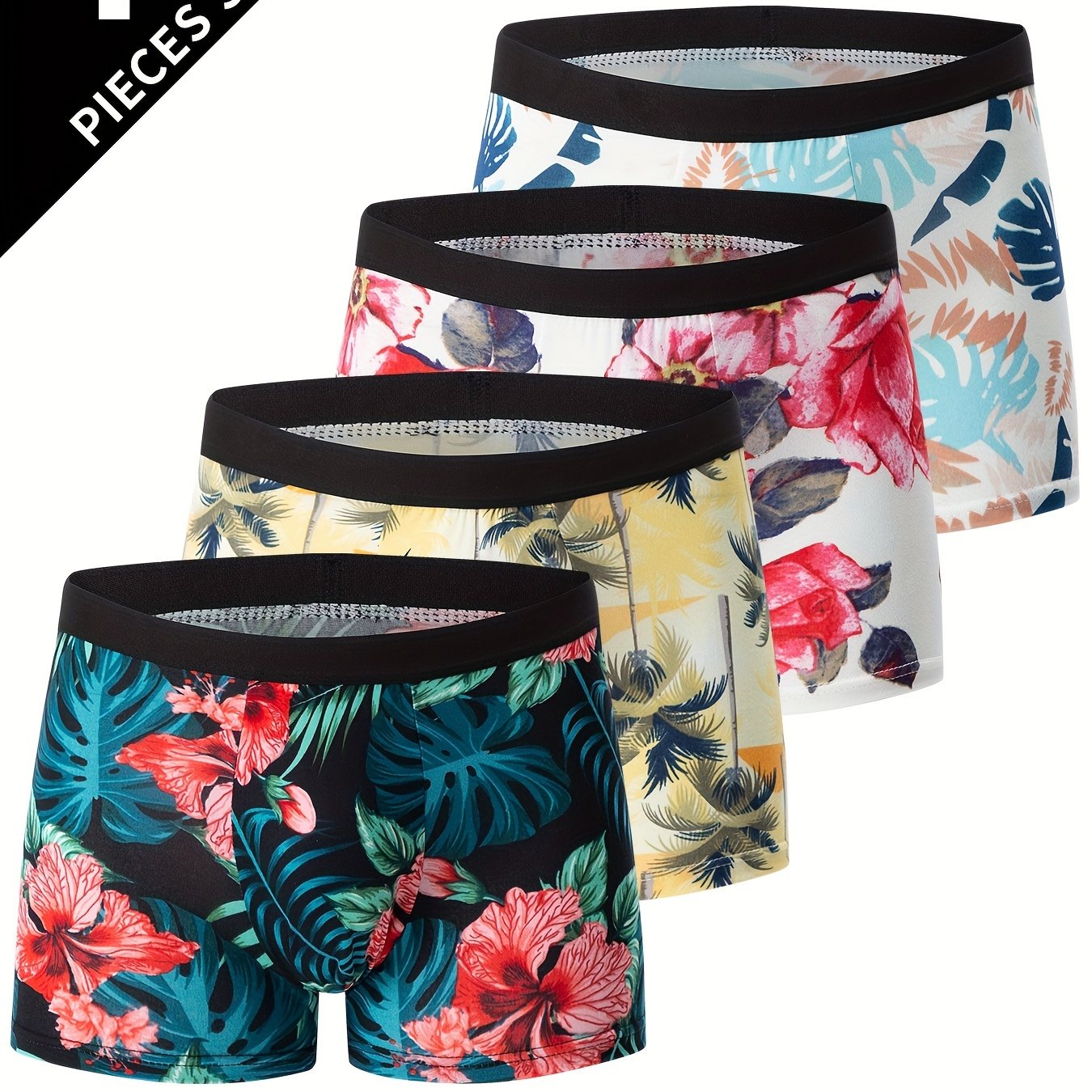 4pcs Flower Pattern Men's Underwear Boxers, Casual Boxer Briefs Shorts, Breathable Comfy Stretchy Boxer Sports Shorts