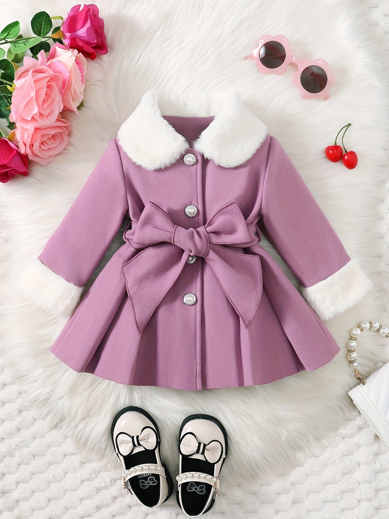 Fashionable And Versatile Coat for Baby Girls in Autumn And Winter, a Perfect Mother'S Day Gift. Adorable Plush Coat with a Bow And Collar, Designed for a Sweet Princess Look. Soft And Comfortable Outerwear to Keep Baby Warm