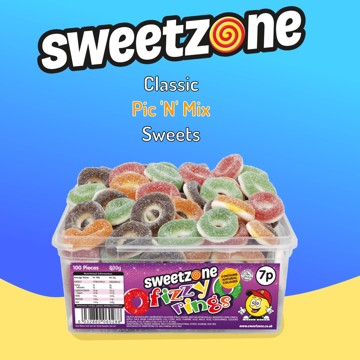 Sweetzone Fizzy Rings - 800g Tub - 100 Pieces - Pic N Mix Style Sweets