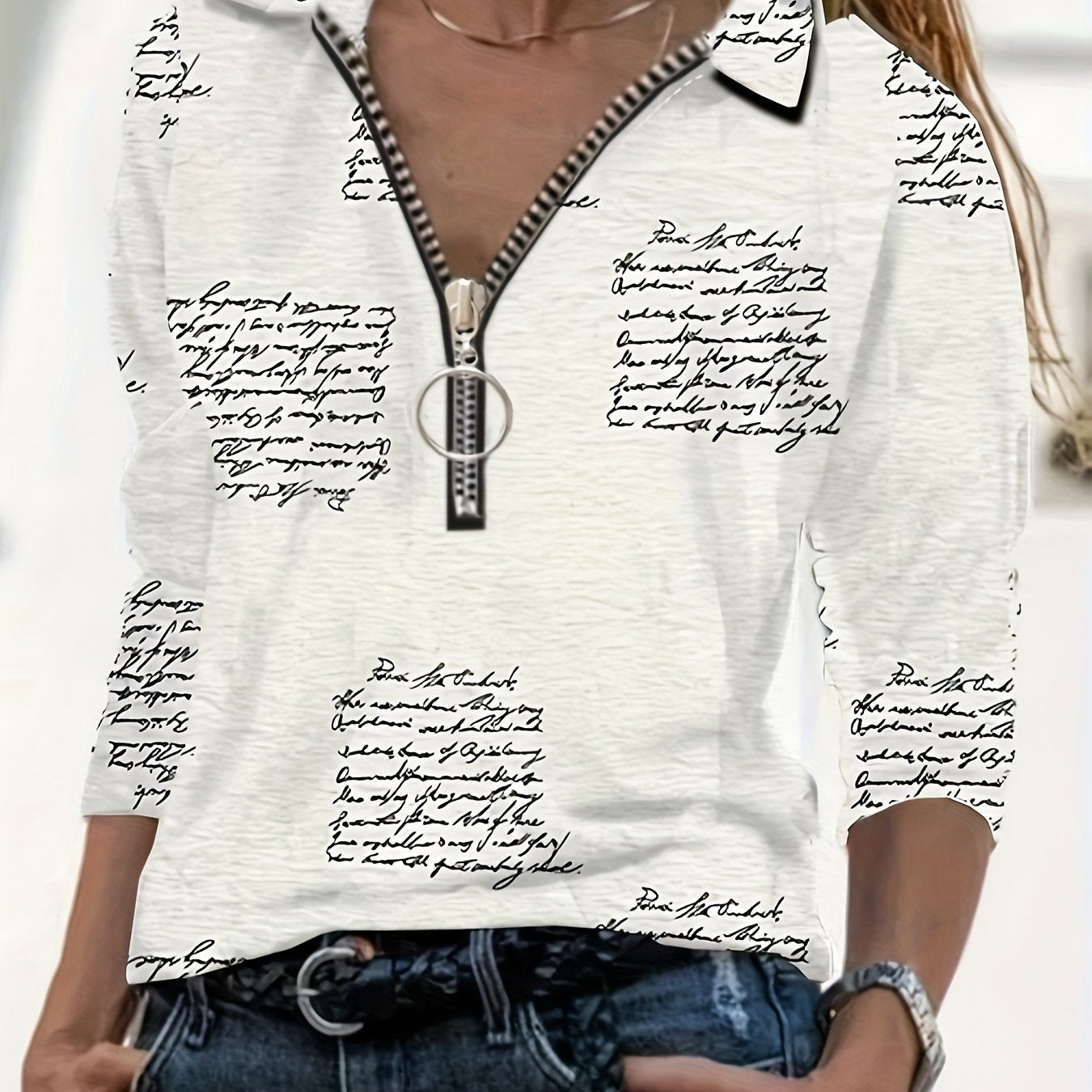 Graphic Print Zipper Polo Shirts, Casual Loose Long Sleeve Polo Shirts Tops For Spring & Summer, Women's Clothing