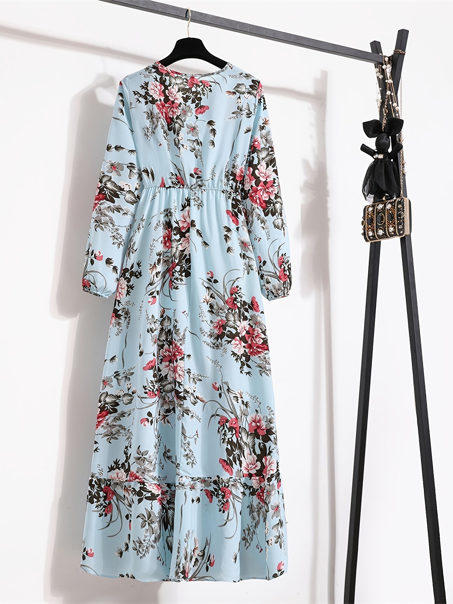 Bohemian Print Casual Party Long Dress with Ruffle Hem, Round Neck, Elastic Waist, and A-Line Silhouette