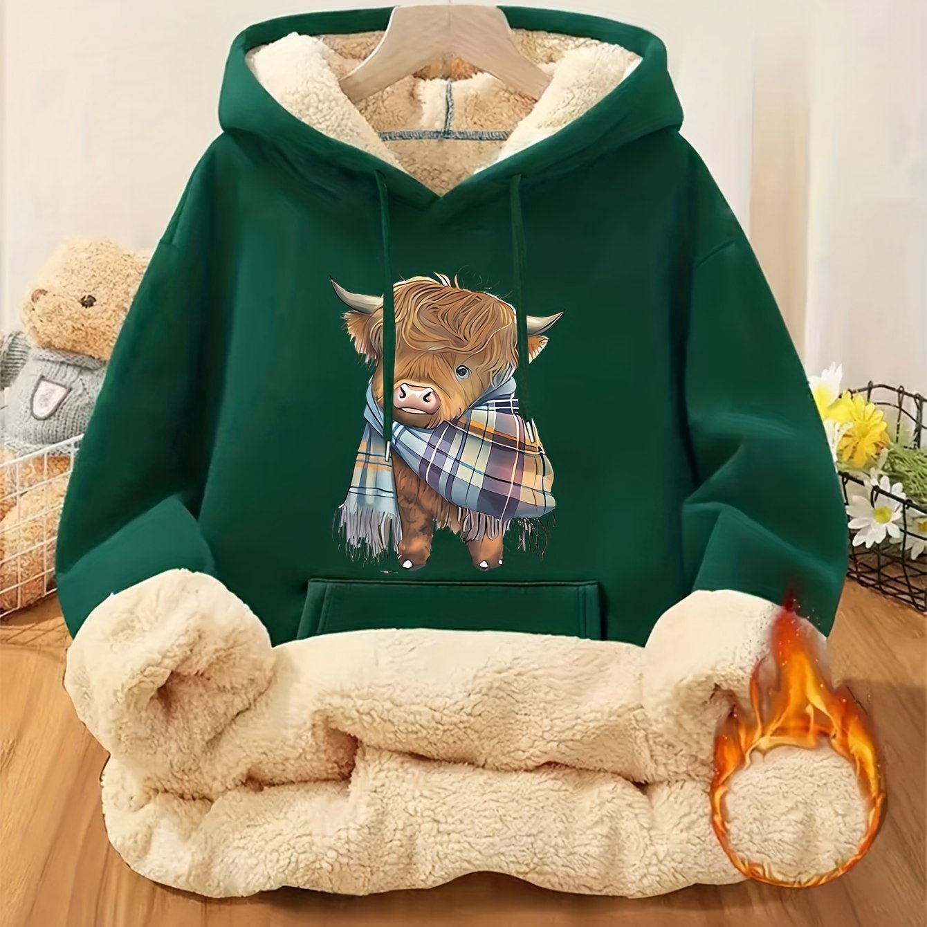 Women's Highland Cow Print Fleece Hooded Sweater - Thickened Winter Warmth, Cozy Plush Lining, Casual Retro Pullover with Pocket, Pink Scottish Cow Design, Sizes XS-XXL (Machine Washable) for Spring, Fall & Winter Layering