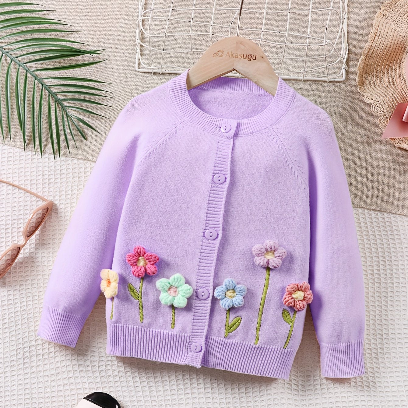 Girls' Beige Cardigan Sweater with Collar & Flower Patches - Sweet Smock Dress Style Jacket, Soft Button-Front Closure for, Parties, - Cozy Fall Winter Outerwear (Pink/Yellow/Blue/Purple) - No-Sew Applique Design