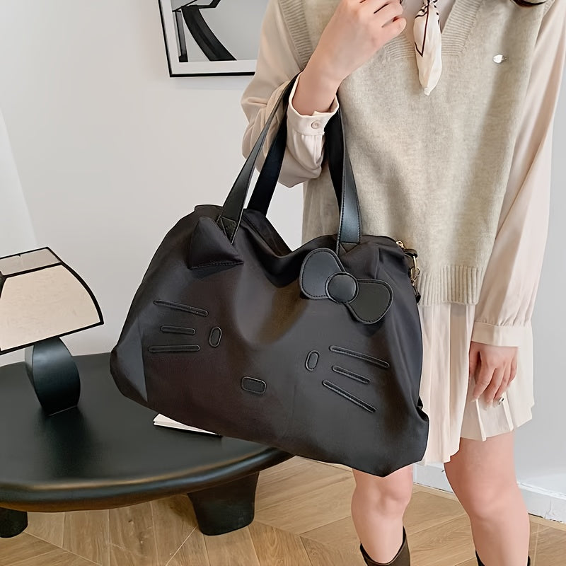 SANRIO Black Nylon Tote Bag with Zipper Closure, Detachable Shoulder Strap, and Cute Character Design for Short Trips, Business Travel, and Daily Use