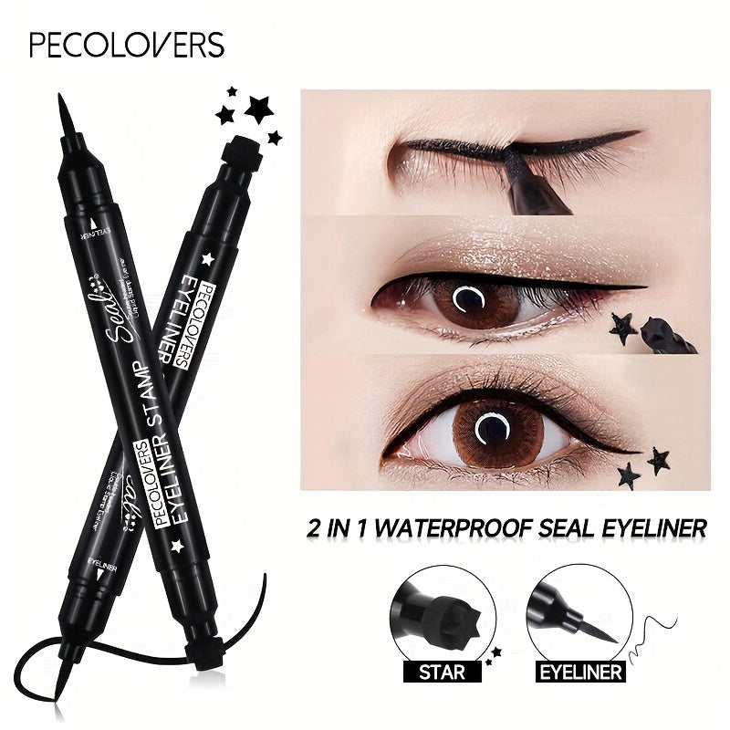 PECOLORVERS 2 in 1 Waterproof Black Liquid Eyeliner & Stamp Set - Alcohol Free, Quick-Drying Eye Makeup with Star, Moon, Heart, Flower Stamps
