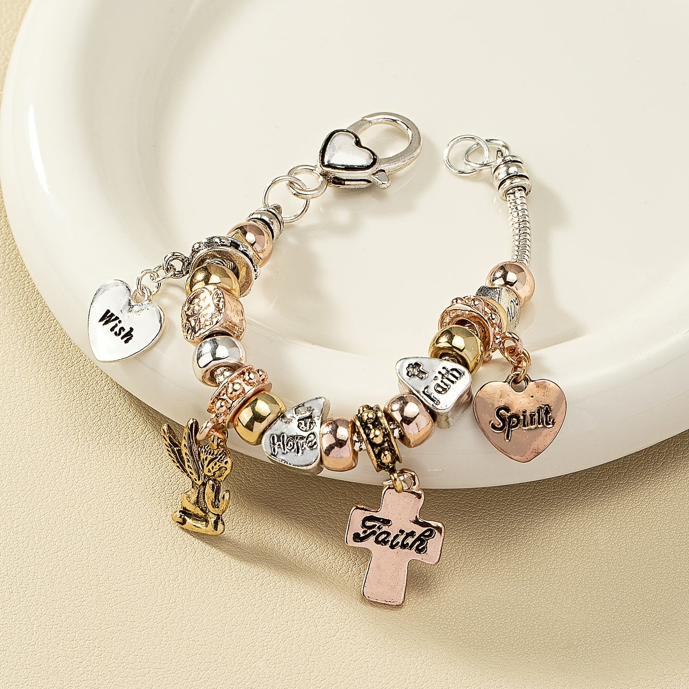 Snake Chain Beaded Bracelet Cross & Love Heart Etc Shape Pendant Sweet Alloy Bracelet For Women