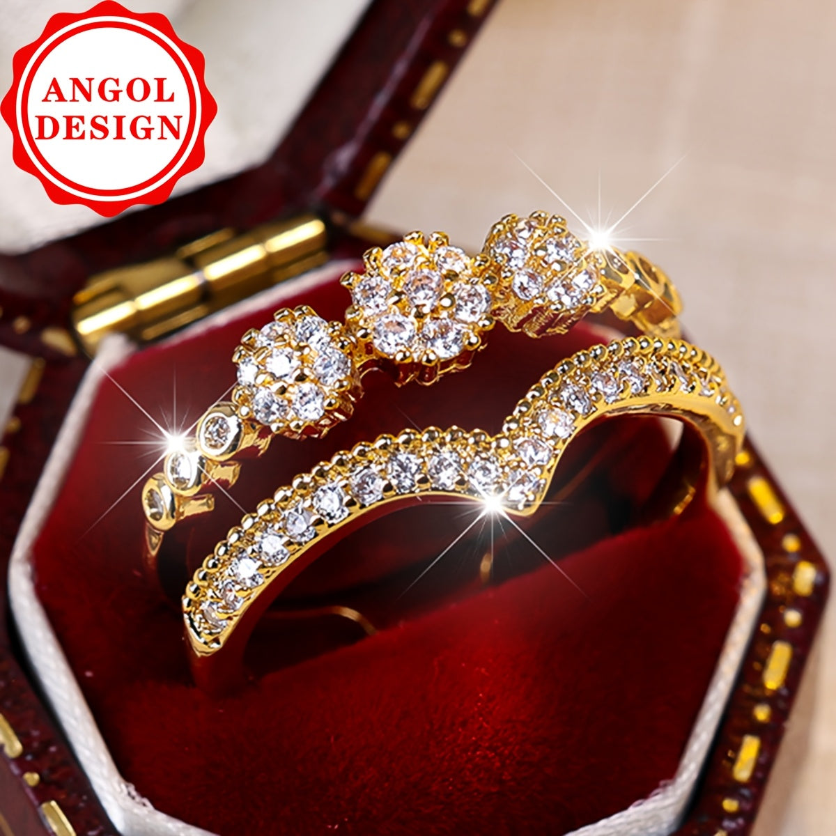 ANGOL'S Elegant Boho Double V-Cut Ring with Adjustable Trim - Luxurious Golden-Tone Zirconia Inlay, Perfect for Parties & Daily Wear, Adjustable Ring|Elegant Boho Ring|Cubic Zirconia Ring, Angel Jewelry