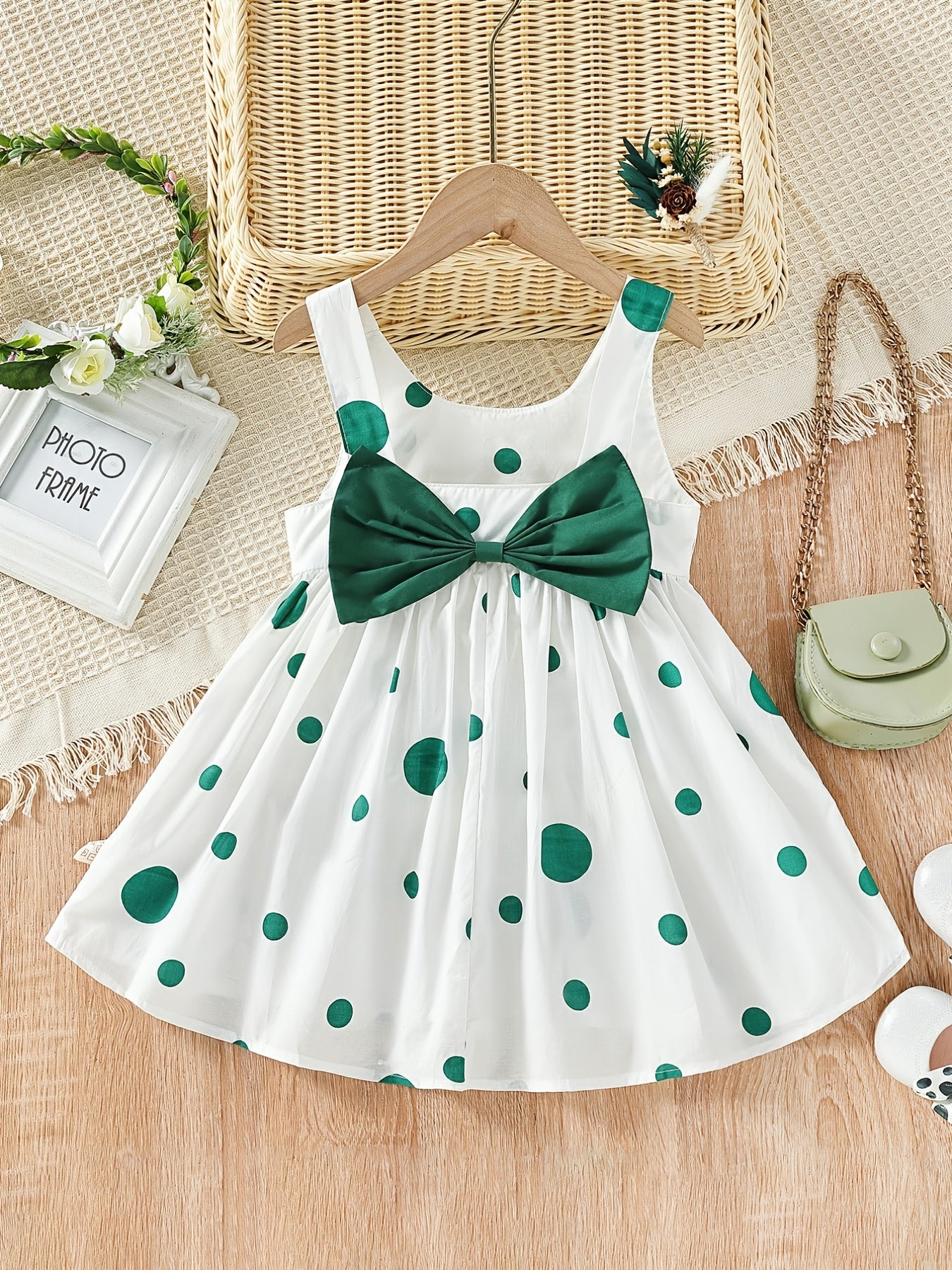Girls' White Spaghetti Strap Dress with Red Polka Dots And Bow Decoration, a Cute Summer Outfit