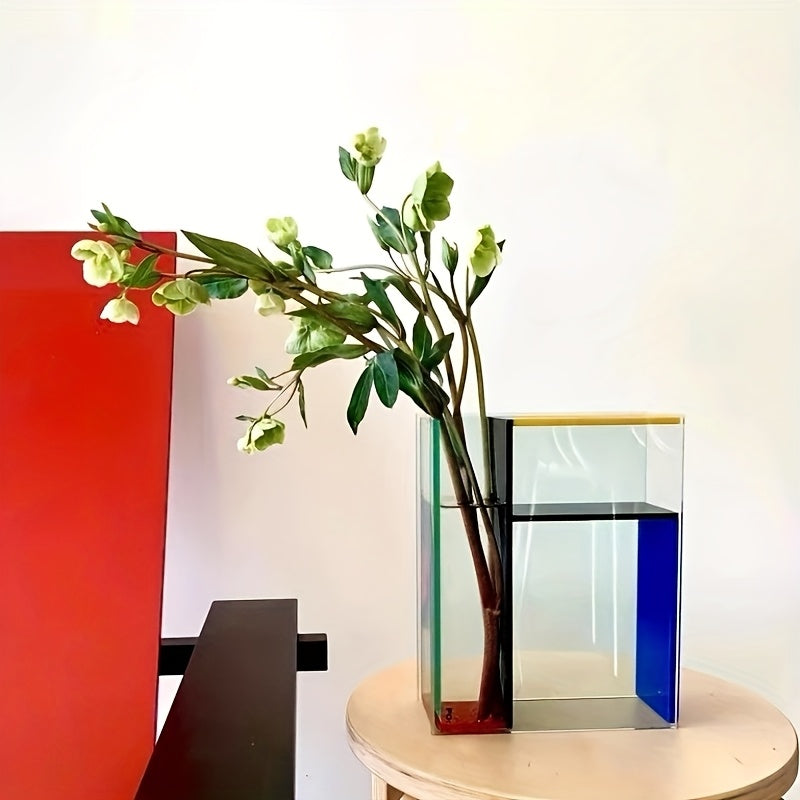 1pc, Mondrian Modern Acrylic Vase with Transparent, Red, Yellow And Blue Panels - Modern Art Decoration Suitable for Home Decor, Room Deco