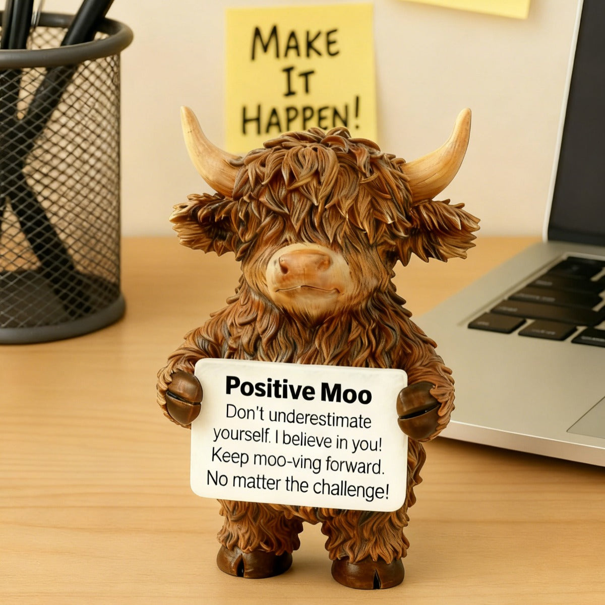 1pc Positive Highland Cow Resin Statue | Home Decor for Living Room, Bedroom, Office, Bookshelf, Tabletop Decor, Motivational Gift for Women, Moms, Friends, Students, Art Deco Style, Resin Material