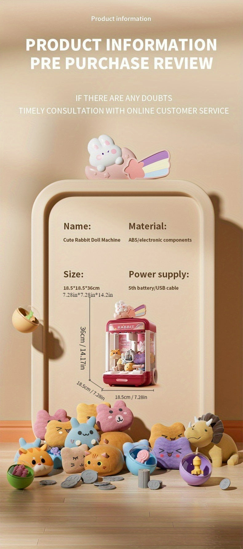 Claw Machine Toy, Party Clip Doll Gashapon Machine, Home Light And Music Two Power Supply Modes, Birthday Gift For Boys And Girls, Christmas Gift, Send 10 Dolls, 10 Capsule Eggs, Power Supply Line