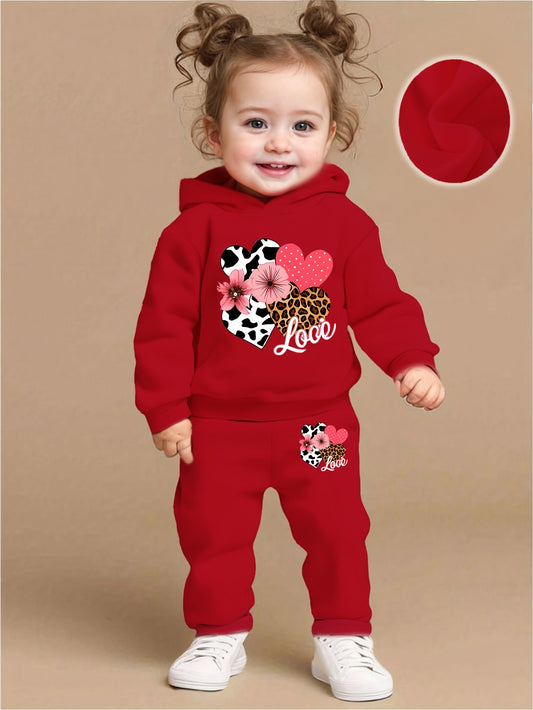 Baby Girl Love Love Flower Pattern Hoodie+Casual Pants Two Piece Set Spring and Autumn Sportswear, Perfect for Outdoor