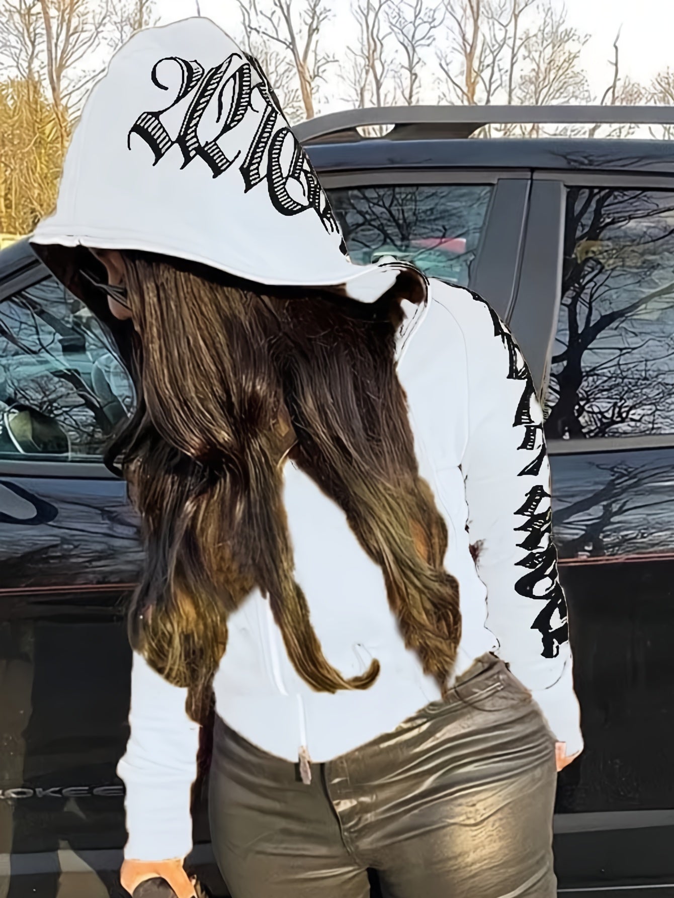 Letter Print Long Sleeve Zip Up Hoodies, Cyber Y2K Gothic Punk Sweatshirt, Women's Clothing