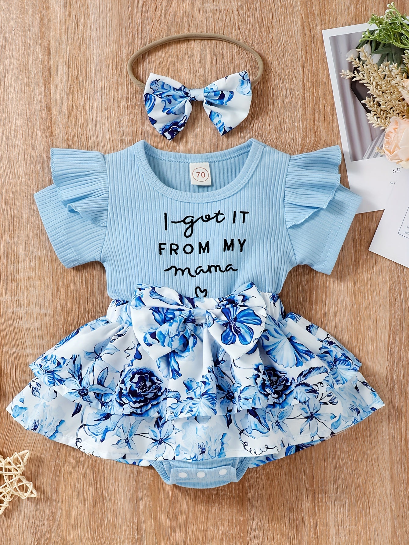 Baby Girls Spring Summer New Floral Skirt Swing Short Sleeve Romper Puffer Coat + Bow Headband Set, Suitable For Outdoor Wear