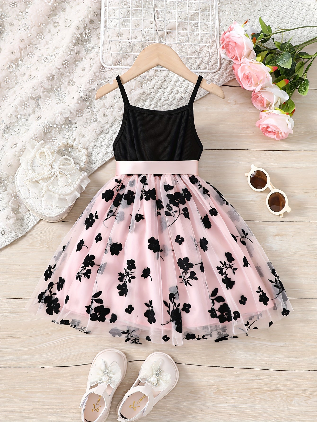 Splicing Flower Graphic Cami Tutu Dress Girls Summer Clothes Party Gift