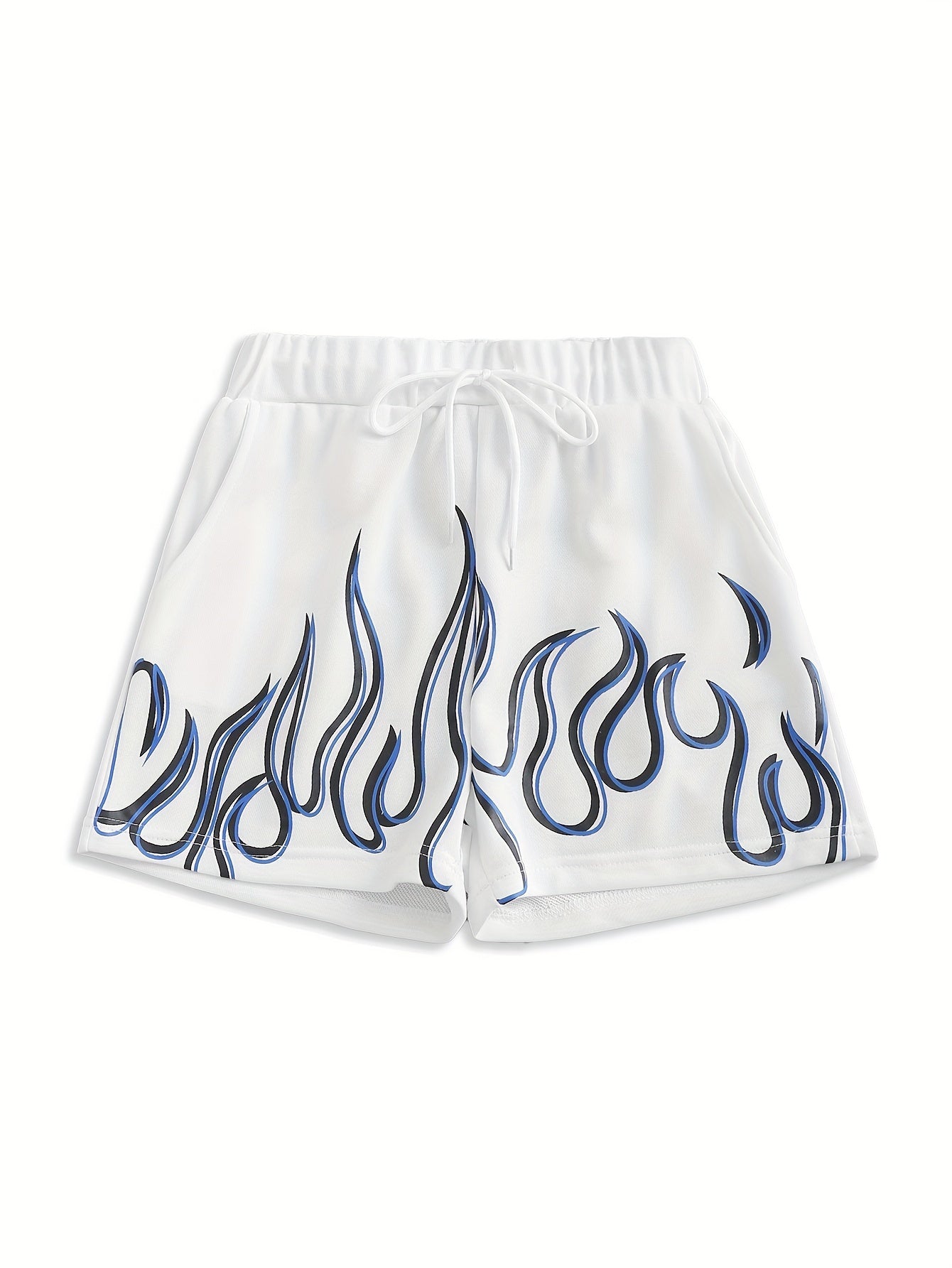 Flame Print Shorts, Drawstring Elastic Waist Casual Shorts For Spring & Summer, Women's Clothing