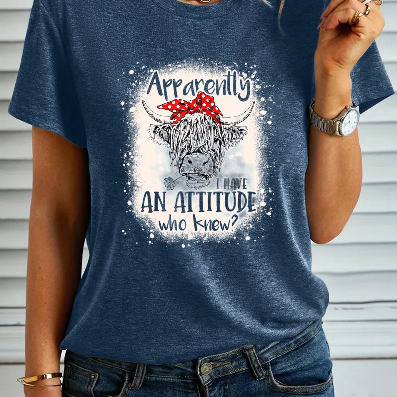 Women's Fashion T-shirt, "Apparently I Have An Attitude Who Knew" Highland Cow Pattern Casual Short Sleeve Top