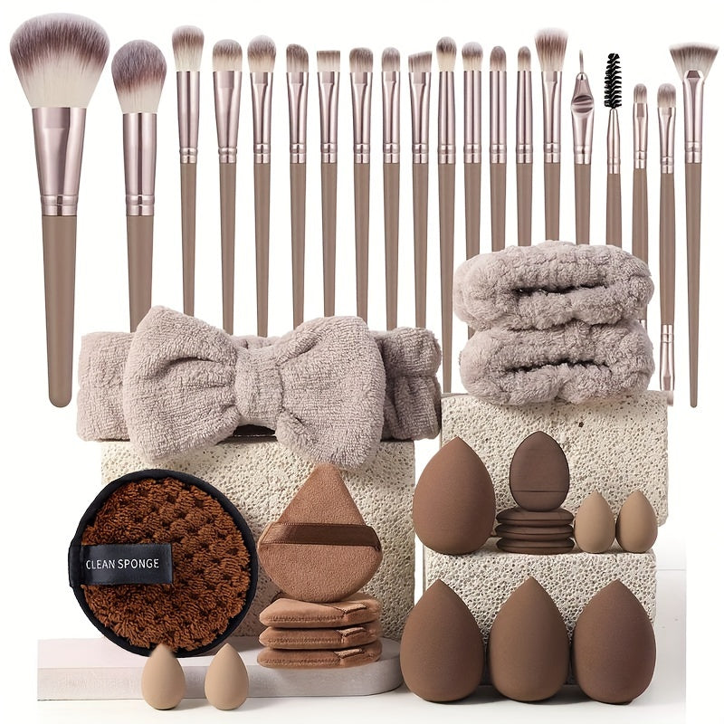 A 20/40pcs Makeup Tool Set with Various Specifications Available. The Large Set Includes (20 High-Quality Makeup Brushes + 1 Headband + 2 Wristbands + 1 Makeup Remover Puff + 4 Triangular Velour Puffs + 4 Finger Puffs + 4 Lar