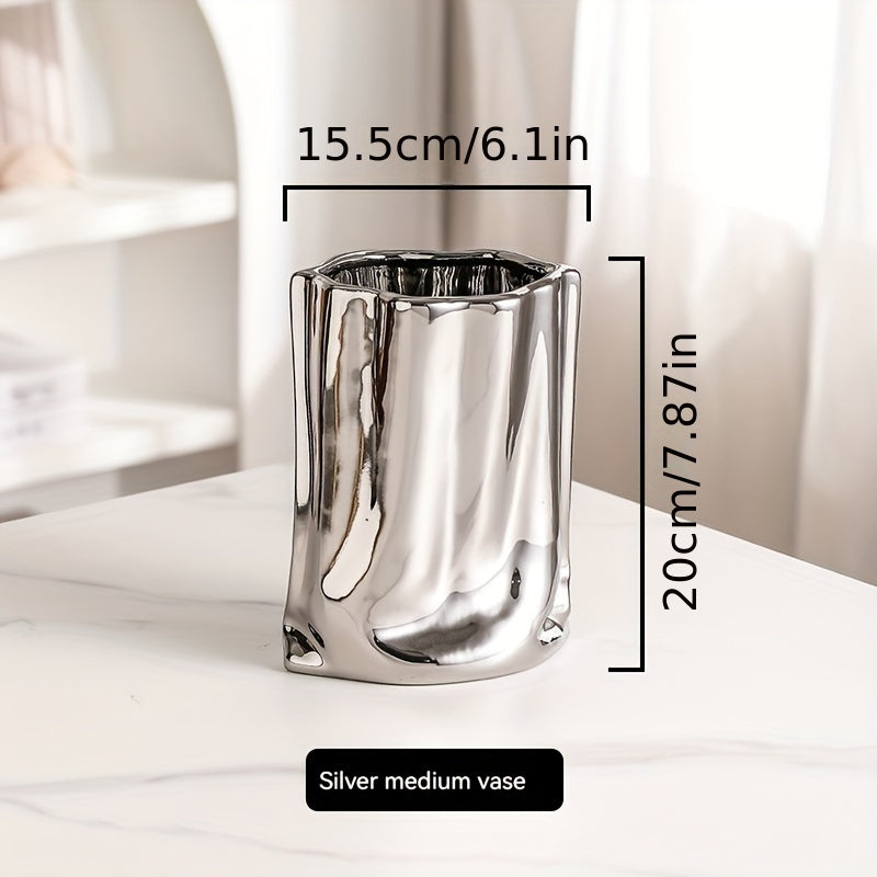 1pc Vase, High-End Light Luxury Decoration, Creative Electroplated and Silvery Ceramic Vase, Artificial Flower Decor