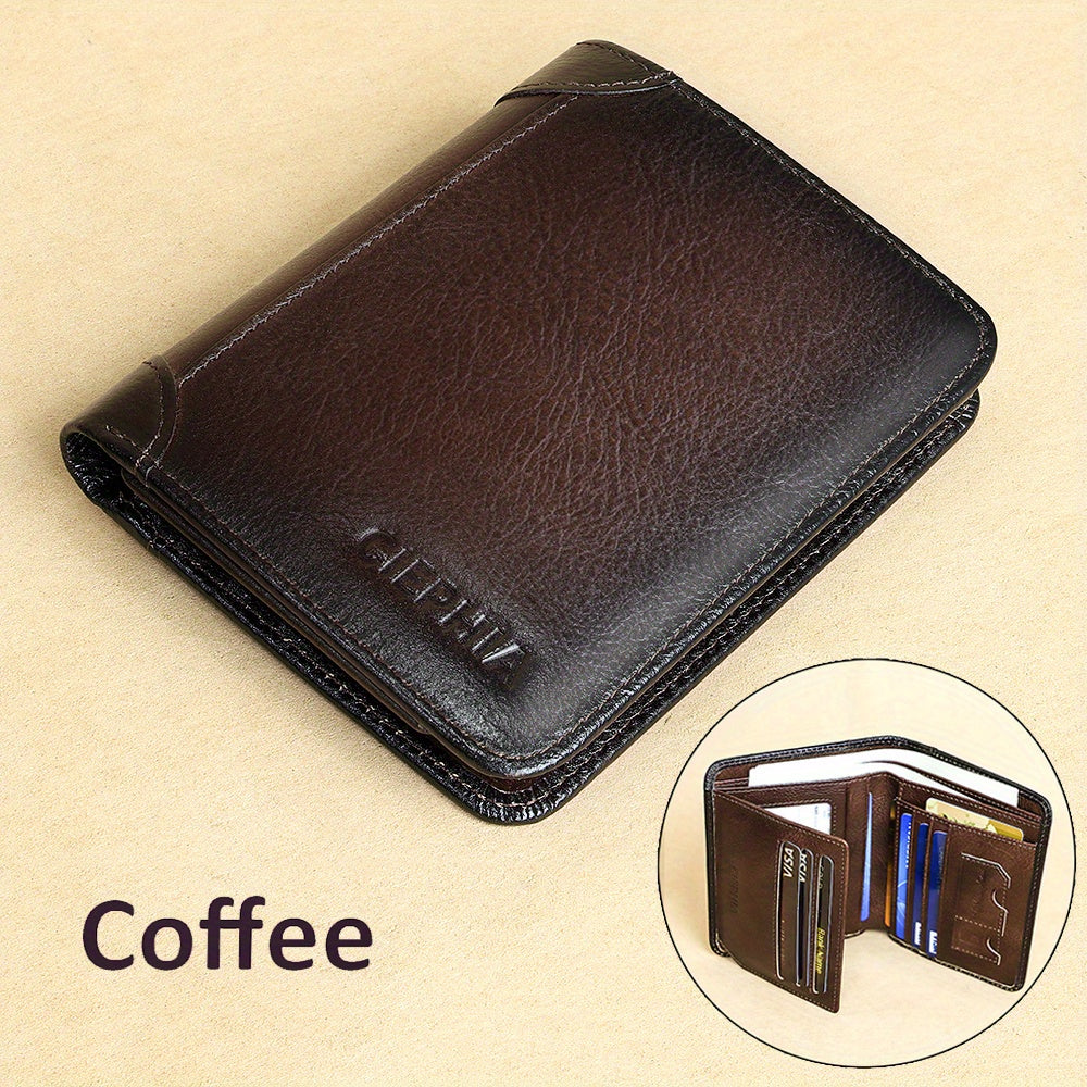 Genuine Leather Men's Wallet with Blessing Card Set, RFID Blocking, Ultra-Thin, Top-Grain Cowhide, Compact Multi-Function ID and Credit Card Holder, Christmas Valentine's Day Father's Day Gift