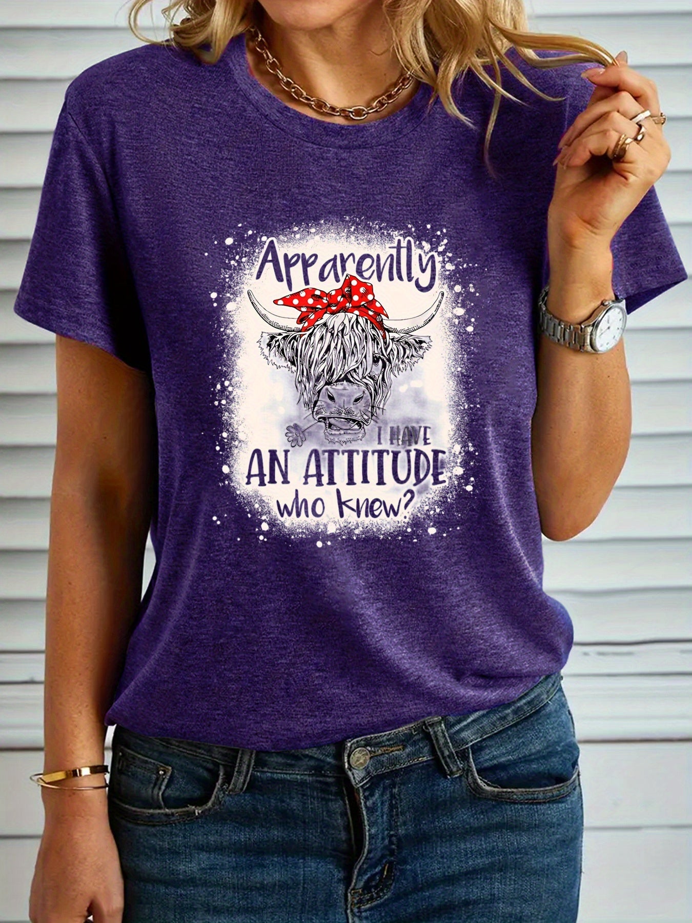 Women's Fashion T-shirt, "Apparently I Have An Attitude Who Knew" Highland Cow Pattern Casual Short Sleeve Top